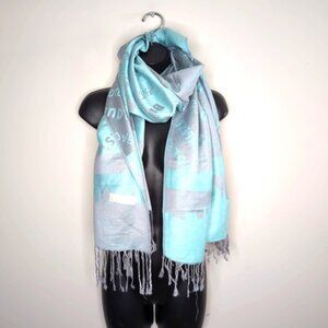 Pashmina Silk Graphic Two Tone Boho Gypsy Folk Art Light Blue Grey Fringe Scarf